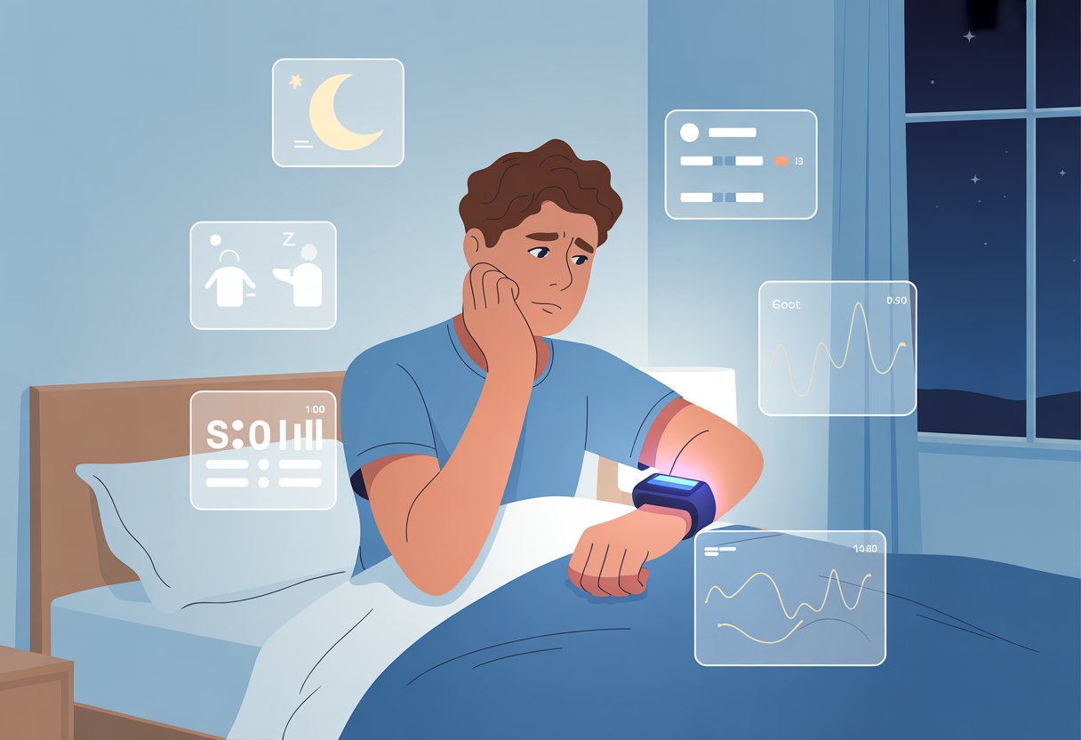 A person sitting on a bed looking at their fitness tracker with floating sleep data icons around them in a softly lit bedroom.