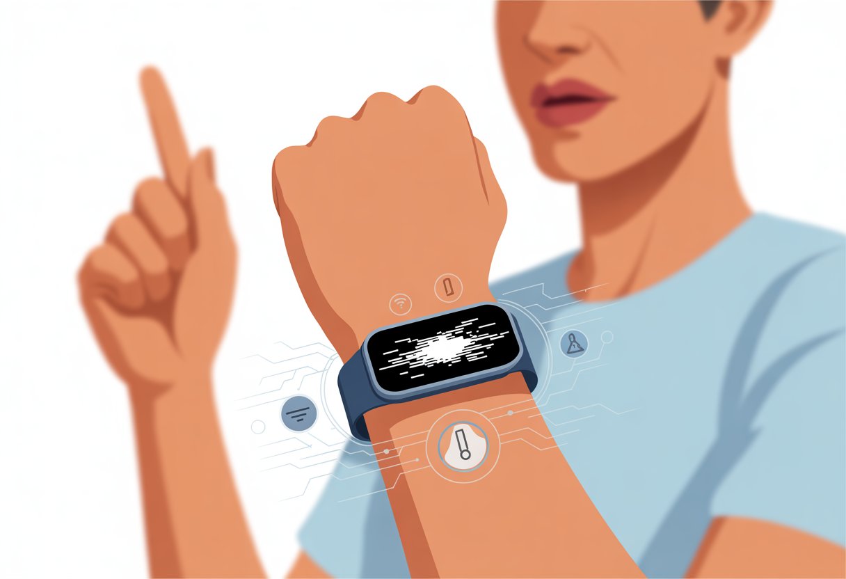 Close-up of a person’s wrist wearing a frozen fitness tracker with a concerned person blurred in the background.