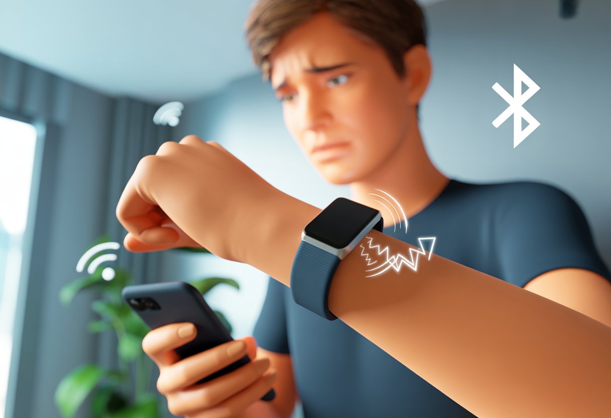 A person holding a smartphone and a fitness tracker wristband, looking frustrated with broken wireless signal icons floating nearby.