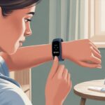 A woman looking at her fitness tracker on her wrist with a thoughtful expression in a softly lit room.