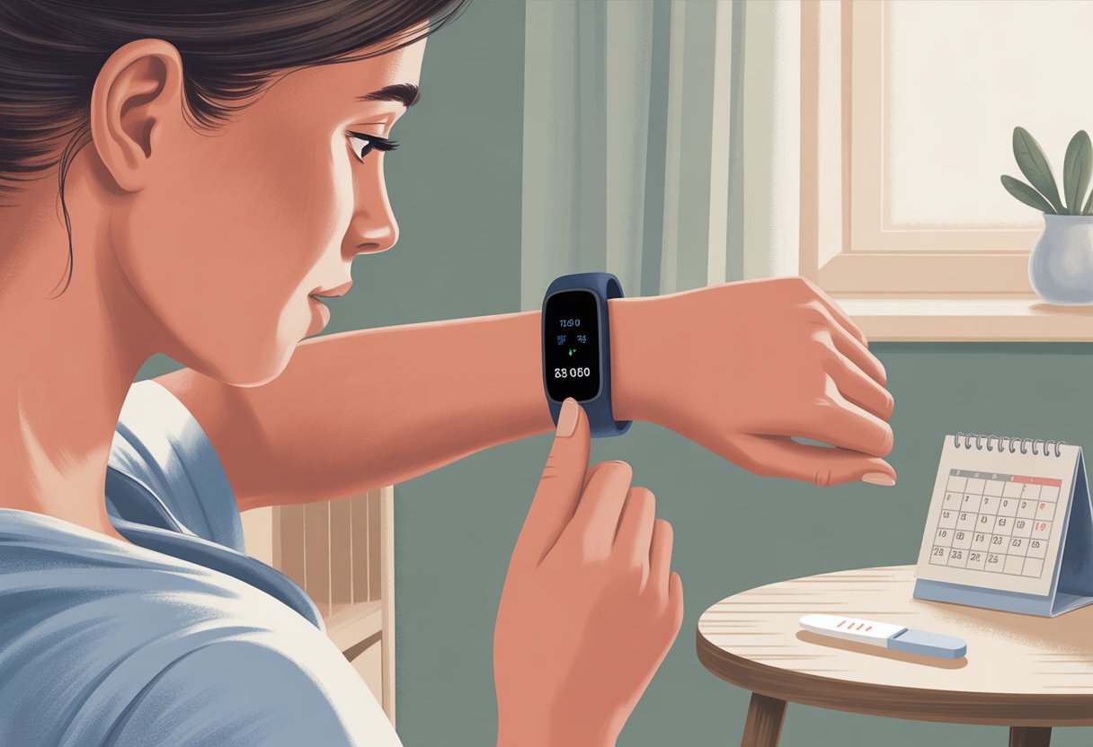 A woman looking at her fitness tracker on her wrist with a thoughtful expression in a softly lit room.