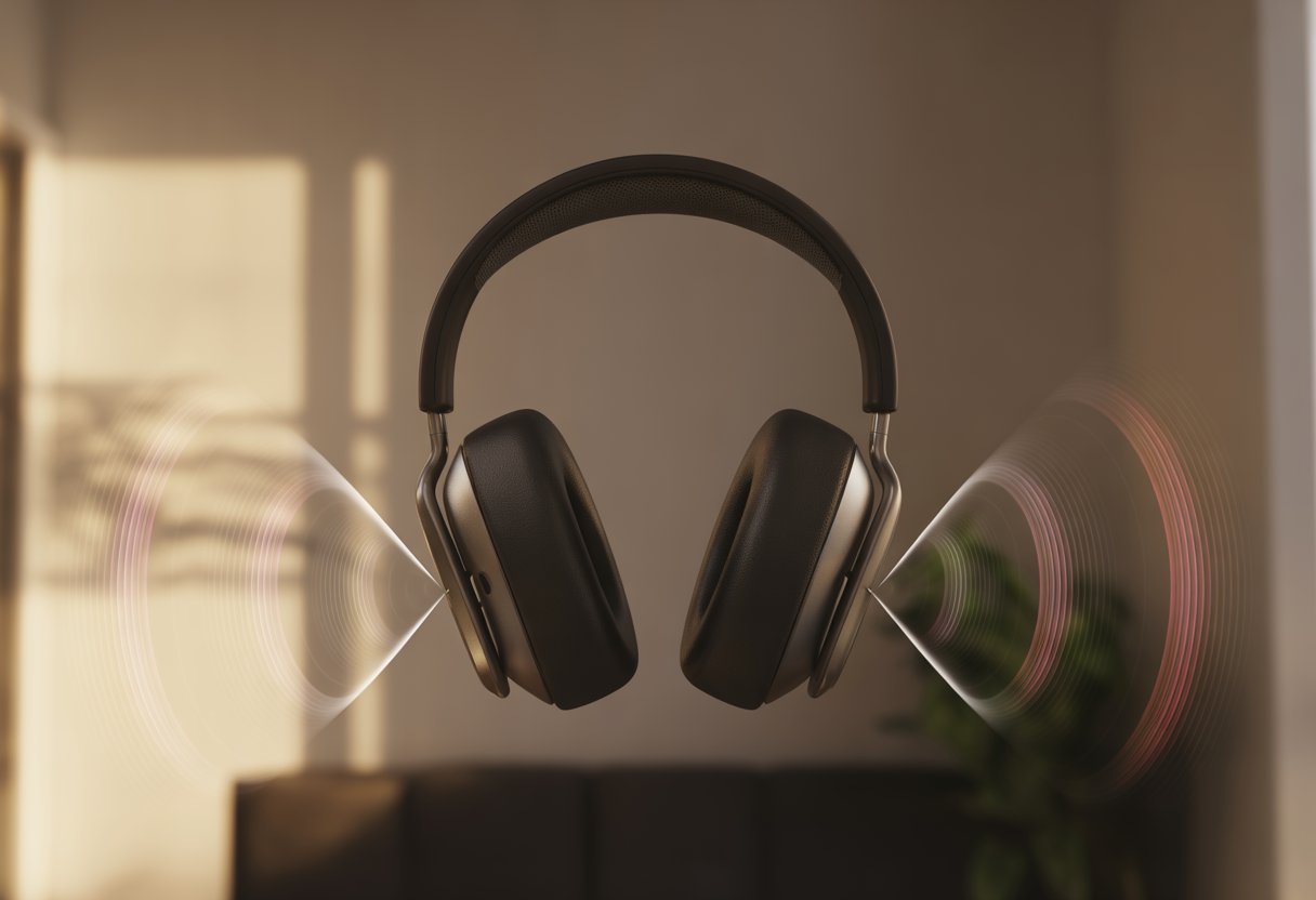 A person wearing Bluetooth headphones with a cutaway view showing internal parts and sound waves passing through the ear cups.