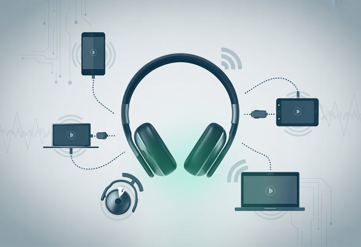 Bluetooth headphones surrounded by icons of paired devices with broken connection lines, illustrating connectivity issues.