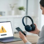 A person troubleshooting Bluetooth headphones at a workspace with a laptop showing an error symbol and wireless connectivity icons around.
