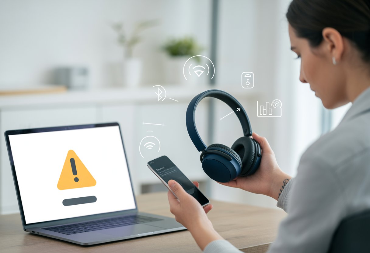 A person troubleshooting Bluetooth headphones at a workspace with a laptop showing an error symbol and wireless connectivity icons around.