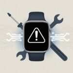 Close-up of a smartwatch showing an error symbol on its screen with tools nearby, suggesting repair or troubleshooting.