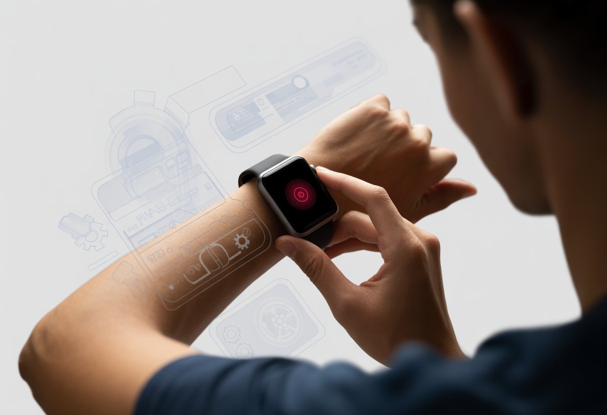 Close-up of a person interacting with a smartwatch showing an error symbol, surrounded by digital diagnostic icons.