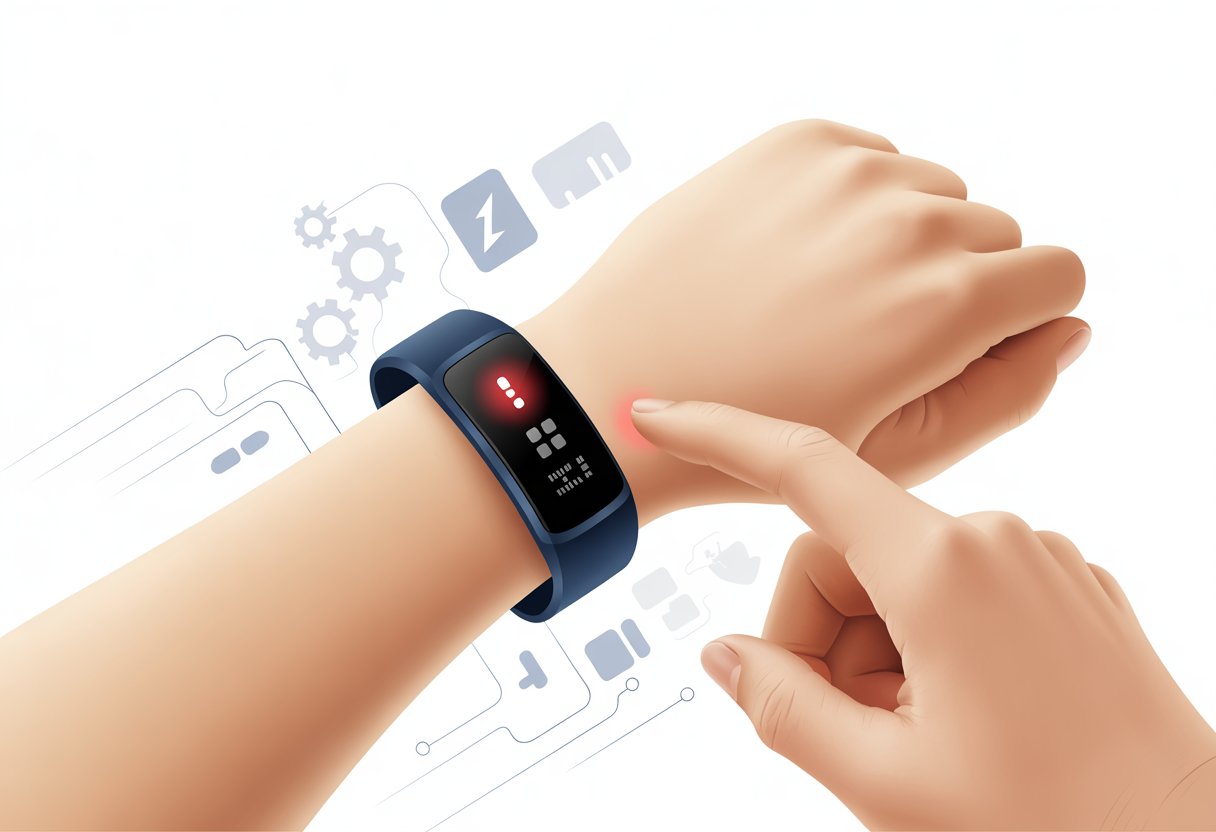 A close-up of a wrist wearing a fitness tracker showing a red warning icon, with digital symbols and gears around it indicating troubleshooting.