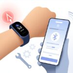 Fitness tracker Bluetooth error code 100 fix: Why Your Steps Are Running Away and How to Catch Them Close-up of a fitness tracker on a wrist showing an error symbol, next to a smartphone displaying Bluetooth troubleshooting icons with repair tools and wireless signals around them.