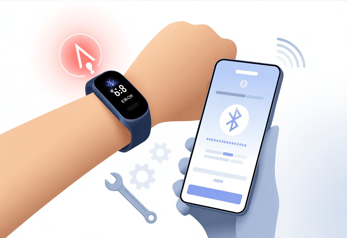Close-up of a fitness tracker on a wrist showing an error symbol, next to a smartphone displaying Bluetooth troubleshooting icons with repair tools and wireless signals around them.