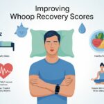 How to Improve WHOOP Recovery Scores Without Giving Up Pizza or Netflix A person resting with a fitness tracker on their wrist surrounded by icons representing sleep, hydration, healthy food, heart rate, and meditation.