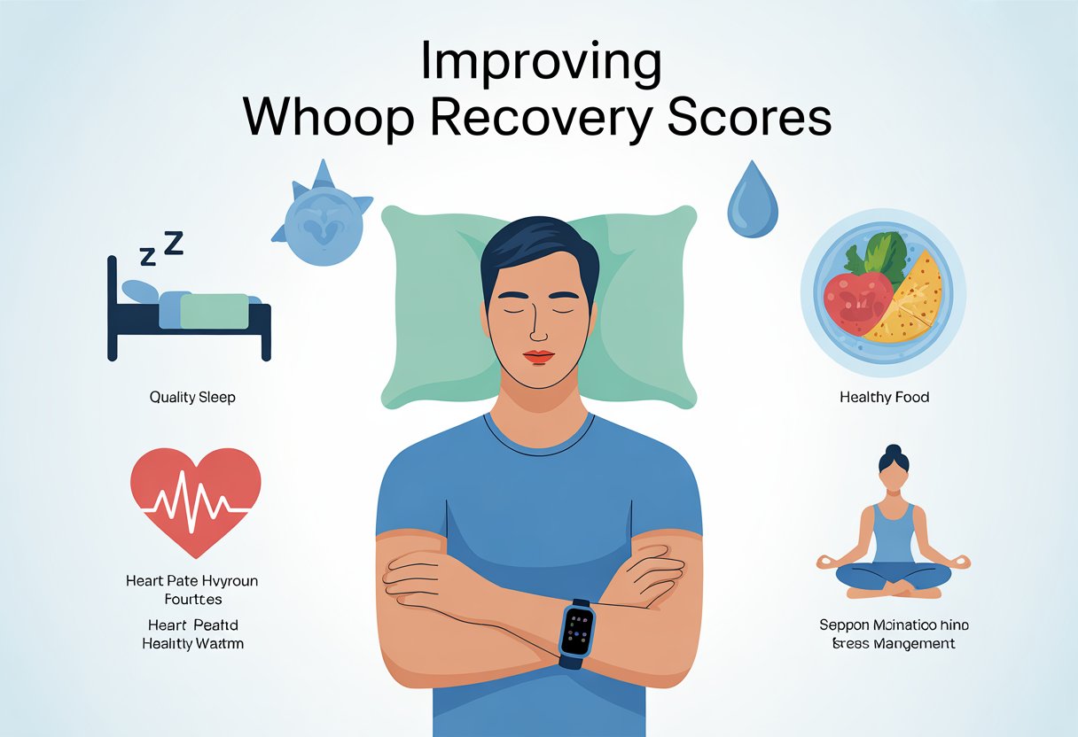 A person resting with a fitness tracker on their wrist surrounded by icons representing sleep, hydration, healthy food, heart rate, and meditation.