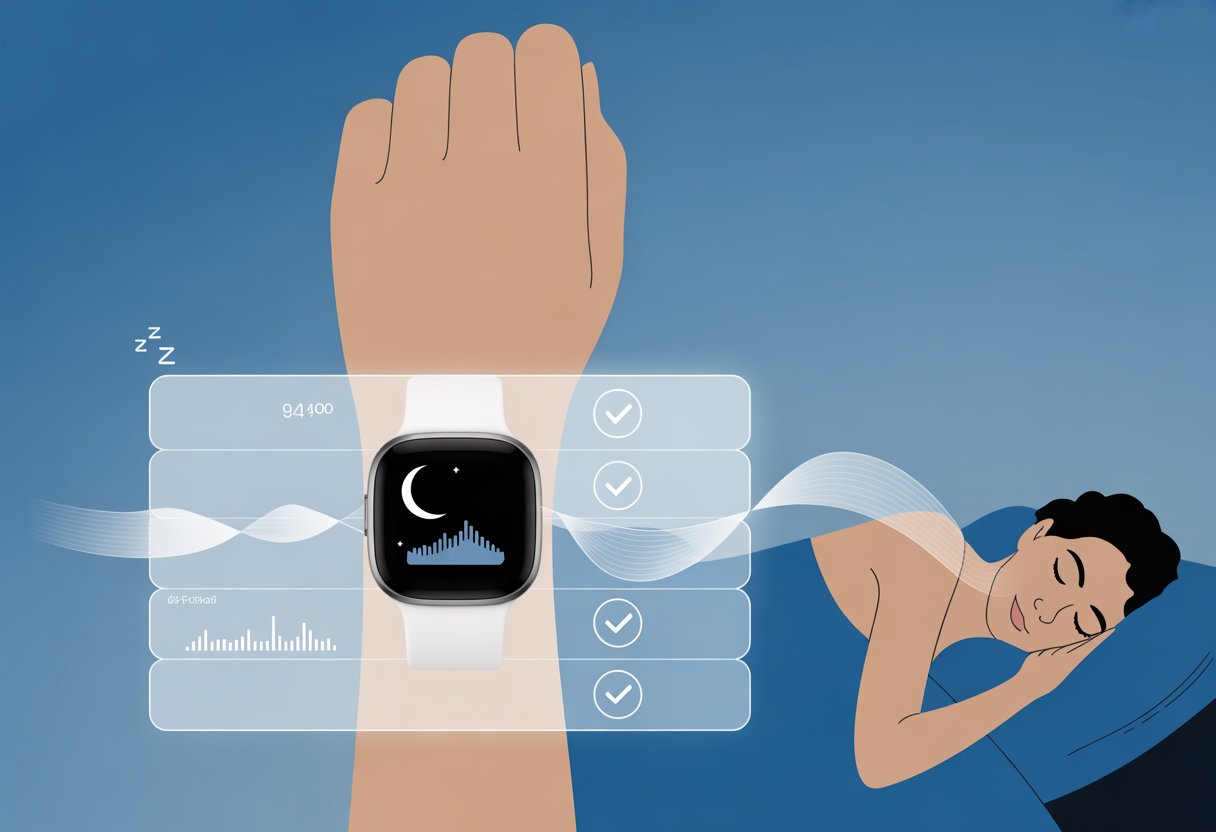 A Fitbit smartwatch on a wrist showing sleep tracking icons, connected by lines to a person sleeping in bed, with graphical elements representing accurate sleep data.