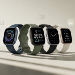 Four different Fitbit smartwatches displayed side by side showing various health and fitness features on their screens.