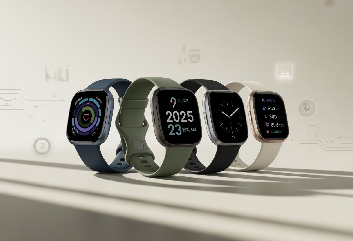 Four different Fitbit smartwatches displayed side by side showing various health and fitness features on their screens.