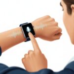 A close-up of a wrist wearing a smartwatch with a glowing microphone icon on the screen and sound waves indicating voice assistant use.