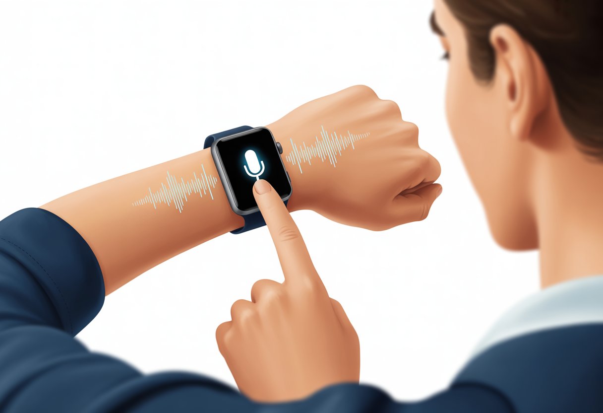 A close-up of a wrist wearing a smartwatch with a glowing microphone icon on the screen and sound waves indicating voice assistant use.