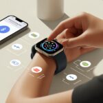 A person setting up a new smartwatch by interacting with its touchscreen while a smartphone nearby shows the pairing process.