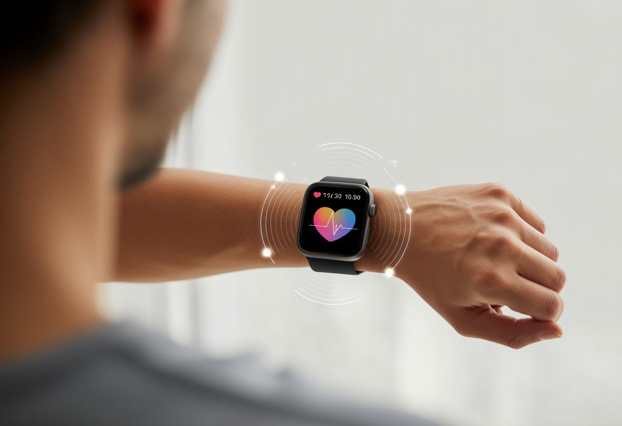 Close-up of a wrist wearing a smartwatch showing a heart rate monitoring screen with a heart icon and pulse graph.