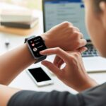 A person tapping a smartwatch screen showing social media icons and notifications in a modern workspace.