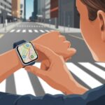 A person looking at a smartwatch on their wrist displaying a map with a route, standing in a city street.