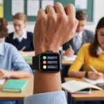 Students in a classroom with one student wearing a smartwatch showing school notifications on the screen.