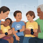 A family wearing smartwatches, smiling and interacting together in a living room, with glowing icons on the watches symbolizing sharing and connectivity.
