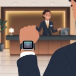 A traveler uses a smartwatch to check in at a hotel reception desk while the receptionist smiles and gestures.