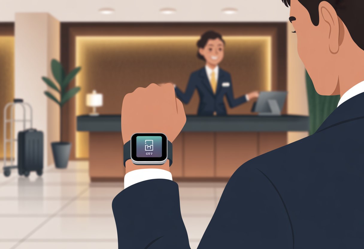 A traveler uses a smartwatch to check in at a hotel reception desk while the receptionist smiles and gestures.