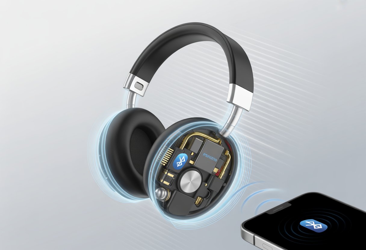 A pair of wireless headphones with visible internal components and wireless signals connecting them to a smartphone nearby.