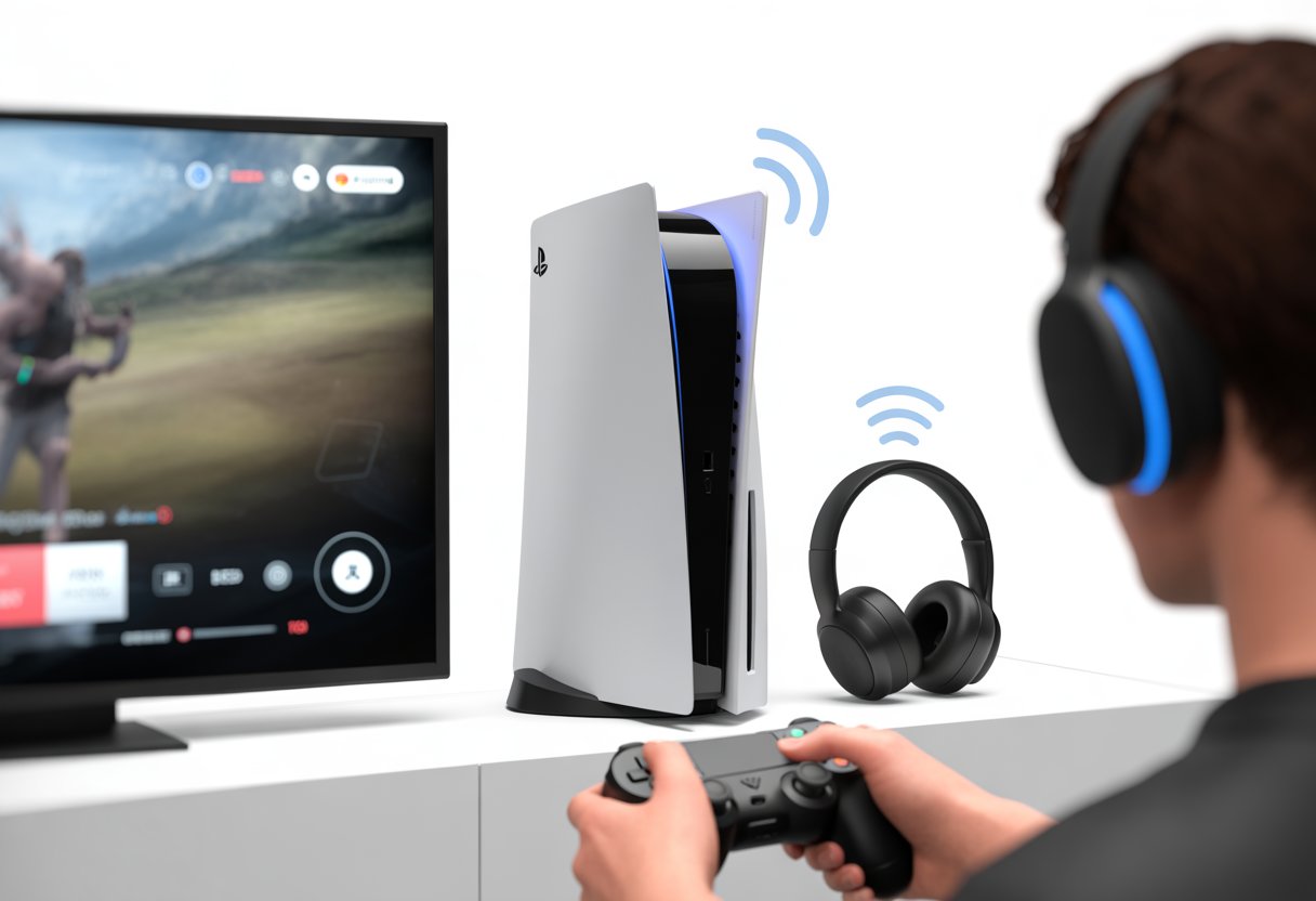 A person holding a PlayStation controller near a PlayStation console and wireless Bluetooth headphones connected to a TV displaying a game.