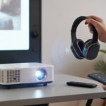 A person holding Bluetooth headphones near a projector projecting an image onto a screen, with wireless connection signals shown between the devices.