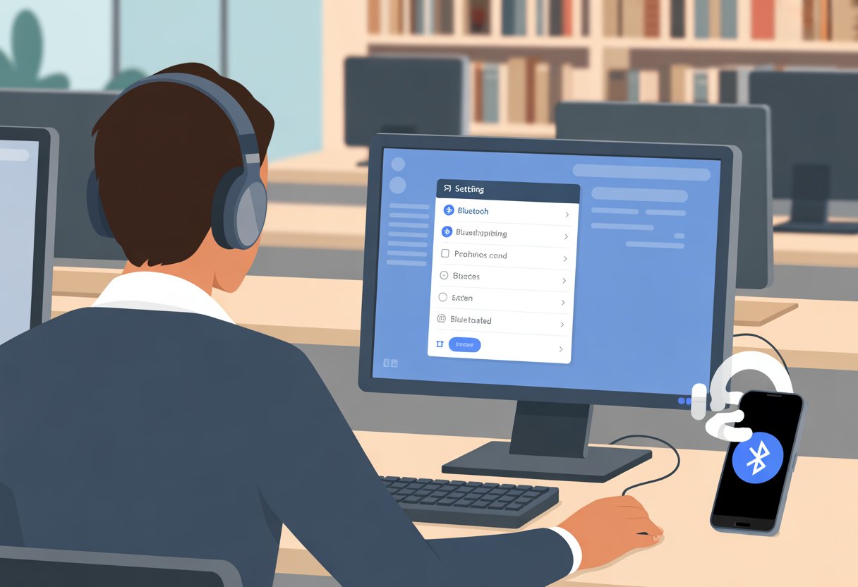 A person wearing Bluetooth headphones uses a public computer while connecting the headphones through the computer's Bluetooth settings.