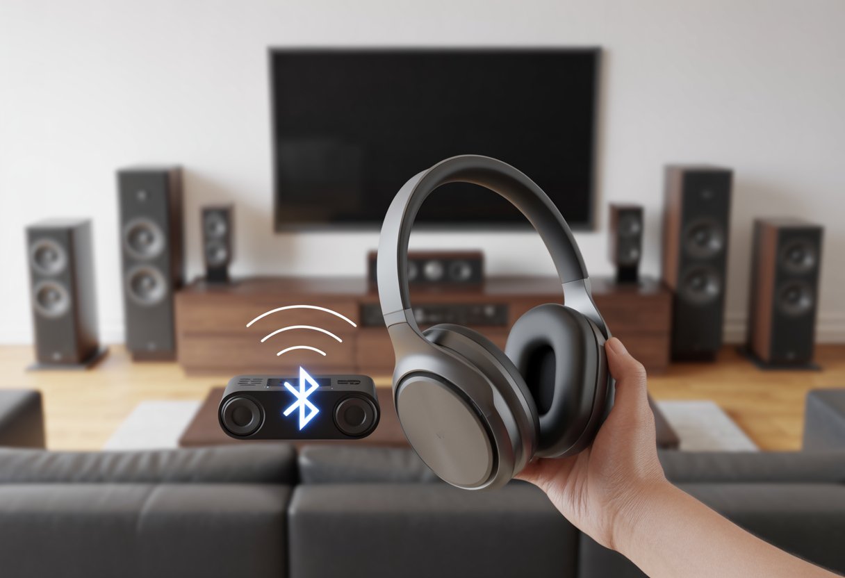 A person holding Bluetooth headphones wirelessly connected to a home theater system with a TV and speakers in a living room.