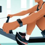 A person rowing on a rowing machine wearing a fitness tracker on their wrist in a gym setting.