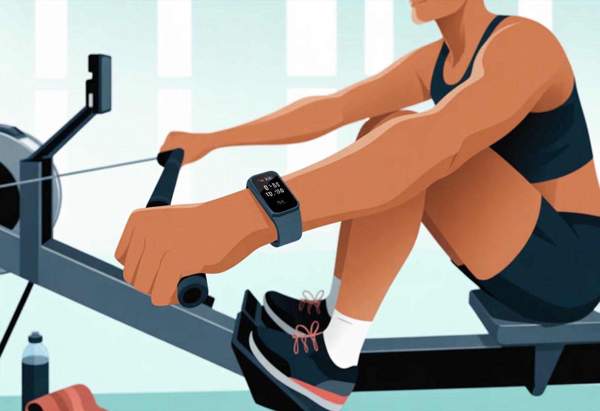 A person rowing on a rowing machine wearing a fitness tracker on their wrist in a gym setting.