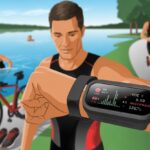 An athlete wearing a fitness tracker on his wrist stands near a lake with a bicycle and running shoes, watching the device while a swimmer and runner train in the background.