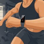 A person in a gym checking a fitness tracker on their wrist while performing a CrossFit workout with equipment around them.