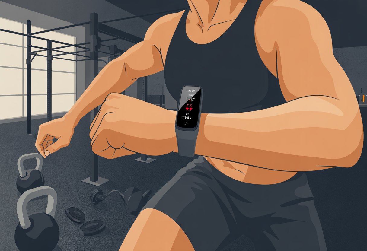 A person in a gym checking a fitness tracker on their wrist while performing a CrossFit workout with equipment around them.