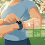 A person outdoors wearing a fitness tracker on their wrist, interacting with it while surrounded by blooming flowers and trees.