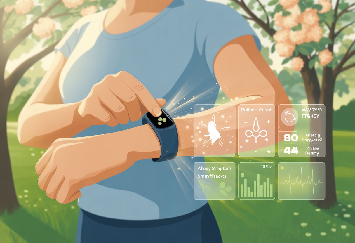 A person outdoors wearing a fitness tracker on their wrist, interacting with it while surrounded by blooming flowers and trees.