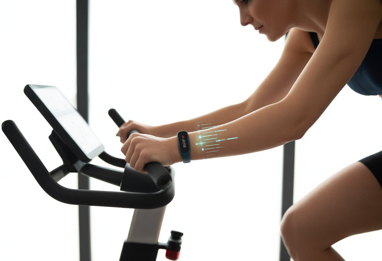 A person riding a stationary bike indoors while wearing a fitness tracker on their wrist.
