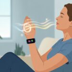 A person sitting peacefully indoors with eyes closed, wearing a fitness tracker that shows breathing exercise animations.