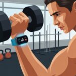 Person lifting a dumbbell in a gym while wearing a fitness tracker on their wrist