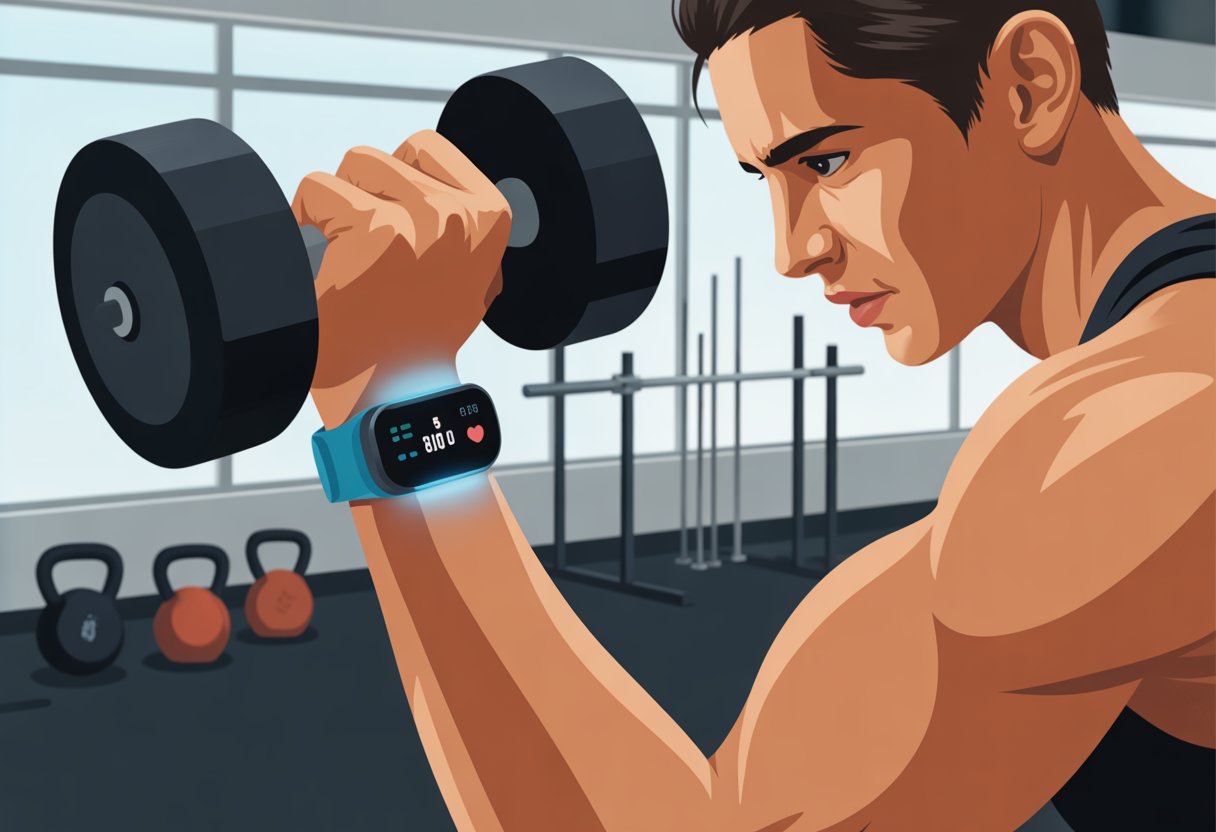 Person lifting a dumbbell in a gym while wearing a fitness tracker on their wrist