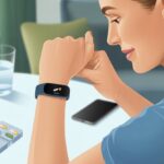 A person wearing a fitness tracker on their wrist looking at it, with a pillbox and water glass on a table nearby.