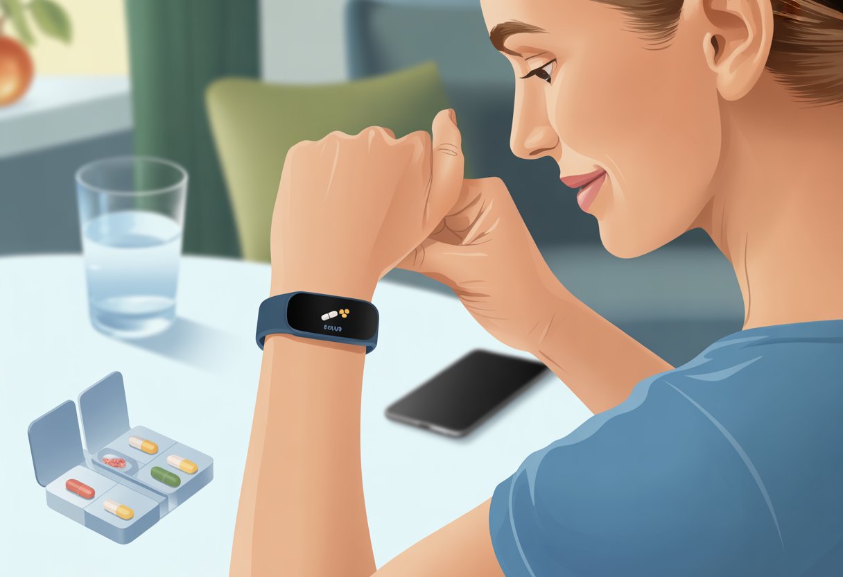 A person wearing a fitness tracker on their wrist looking at it, with a pillbox and water glass on a table nearby.