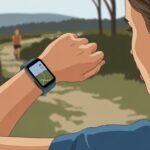 A person outdoors checking a fitness tracker on their wrist that shows a navigation map with a route and directional arrows.