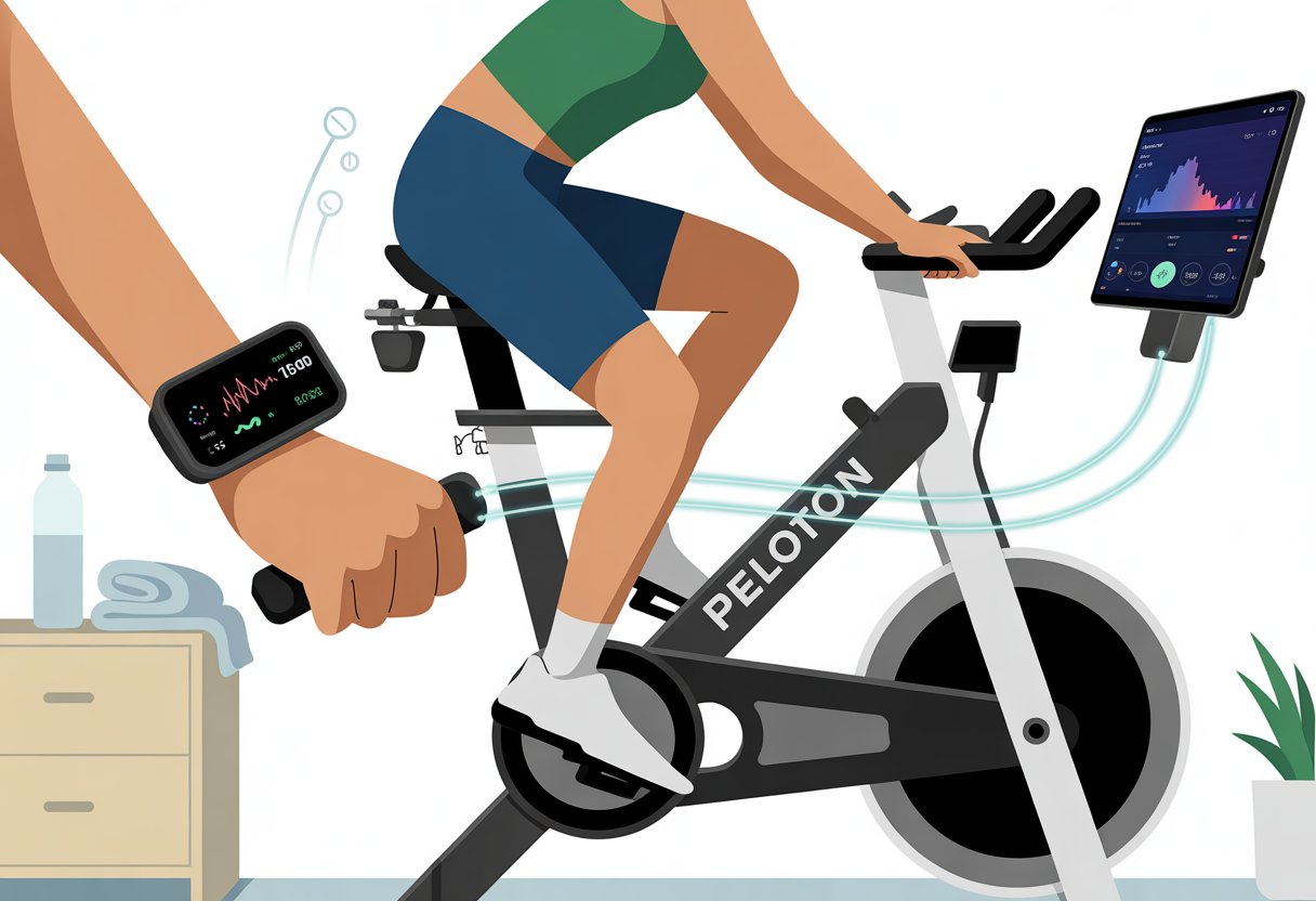 A person using a fitness tracker while riding a Peloton bike indoors, with a tablet showing workout data connected to the tracker.