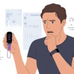 A person closely examining a fitness tracker showing inconsistent step counts, surrounded by icons representing possible causes of inaccuracy.